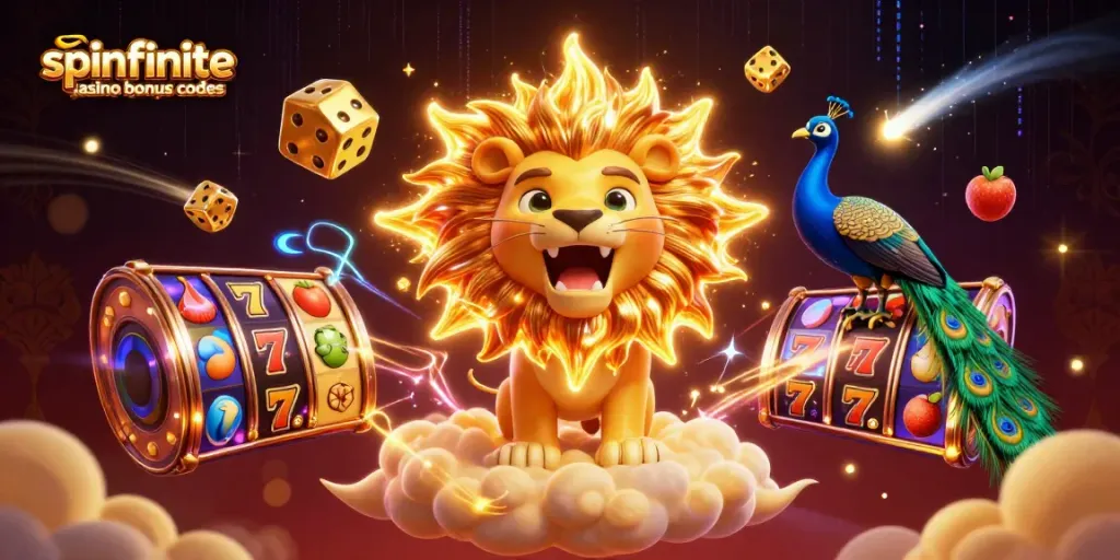 Spinfinite casino bonus codes illustration showcasing a triumphant lion, golden dice, and slot game elements.