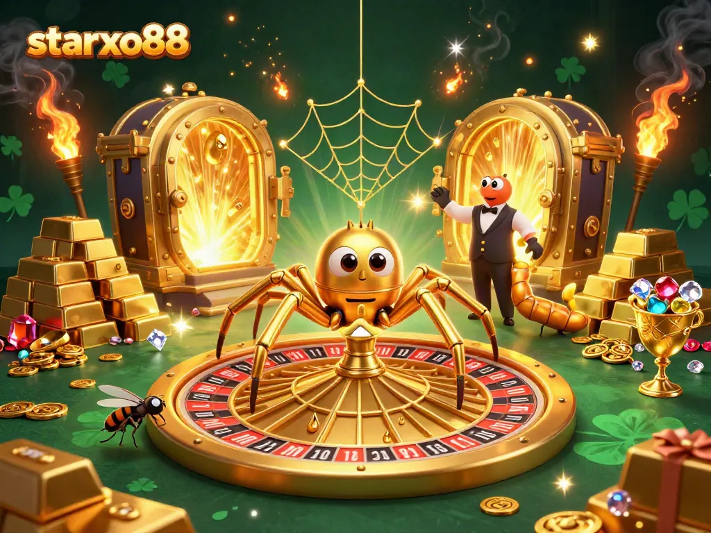 Spin the roulette with starxo88 in a vibrant 3D casino scene filled with treasures.