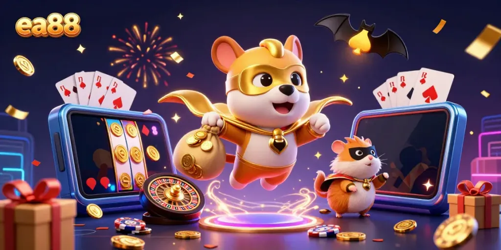 Unlock big wins with ea88 in this vibrant casino-themed scene featuring iconic game elements.