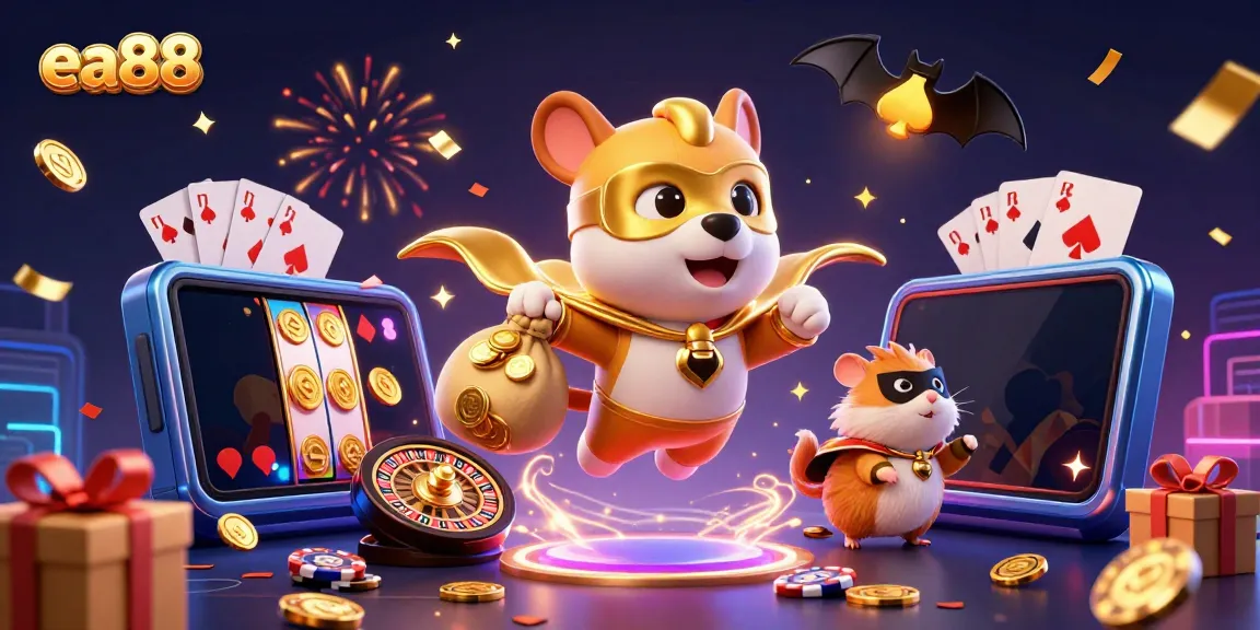 Unlock big wins with ea88 in this vibrant casino-themed scene featuring iconic game elements.