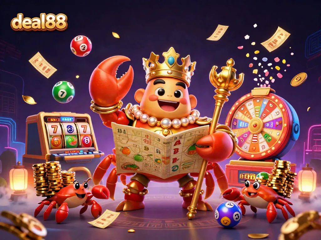 Experience the thrill of deal88 with a vibrant casino scene showcasing the golden crab emperor amidst dynamic game elements.