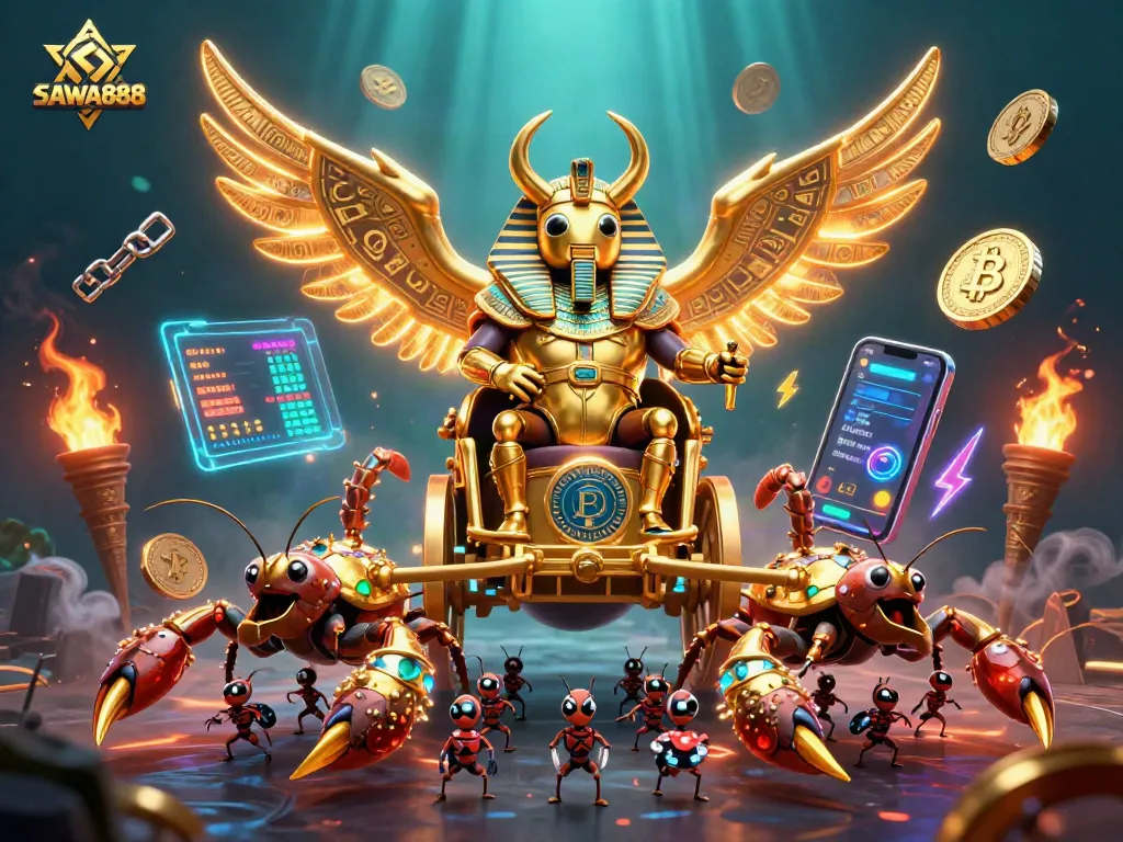 Experience the exciting world of SAWA888 with golden characters and crypto elements in action.