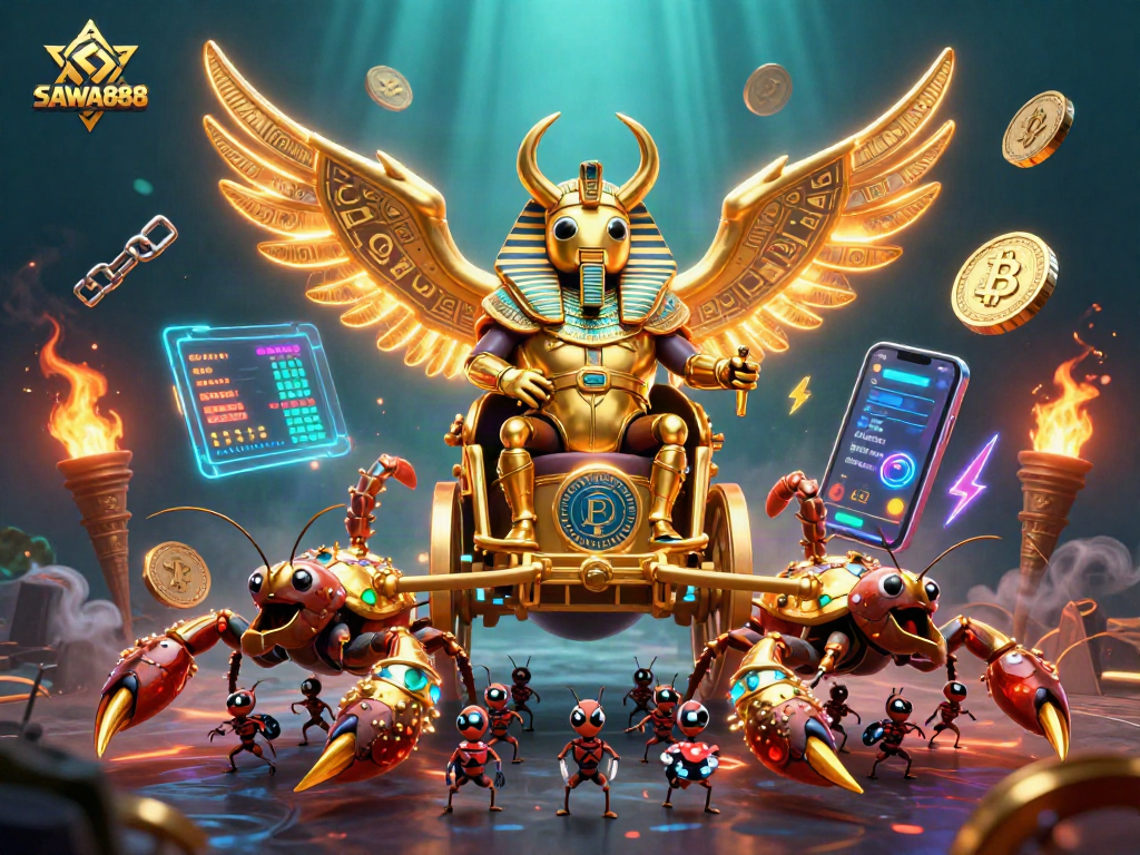 Experience the exciting world of SAWA888 with golden characters and crypto elements in action.