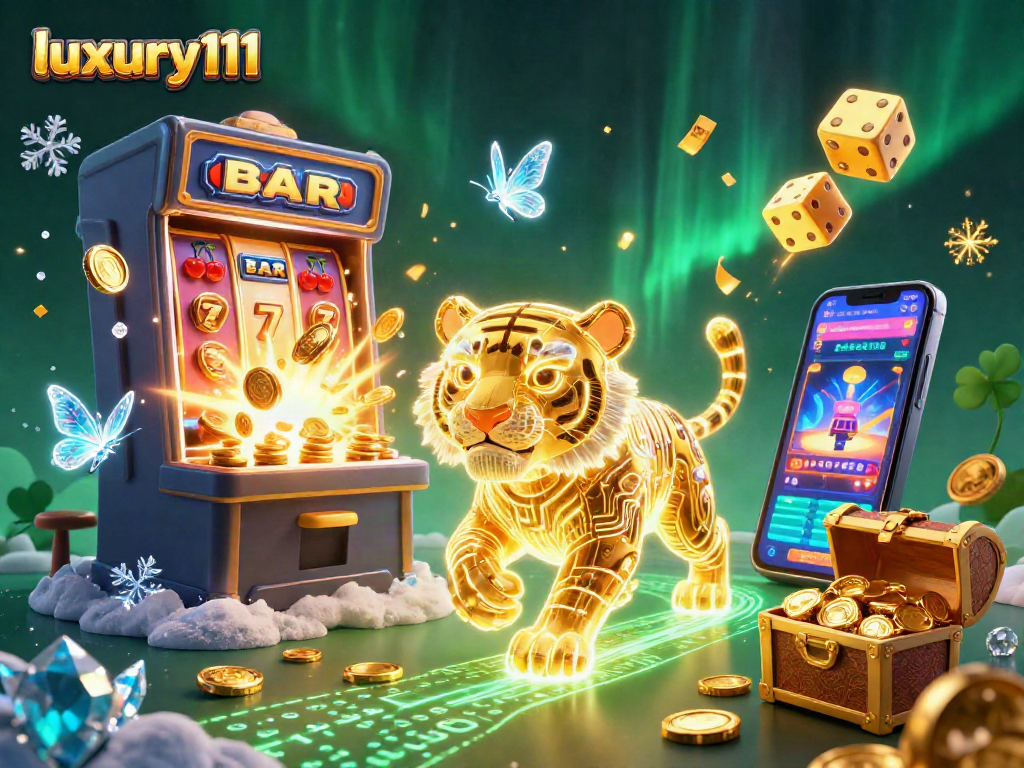 Play luxury111 at a vibrant digital casino featuring a golden tiger and jackpot thrills.