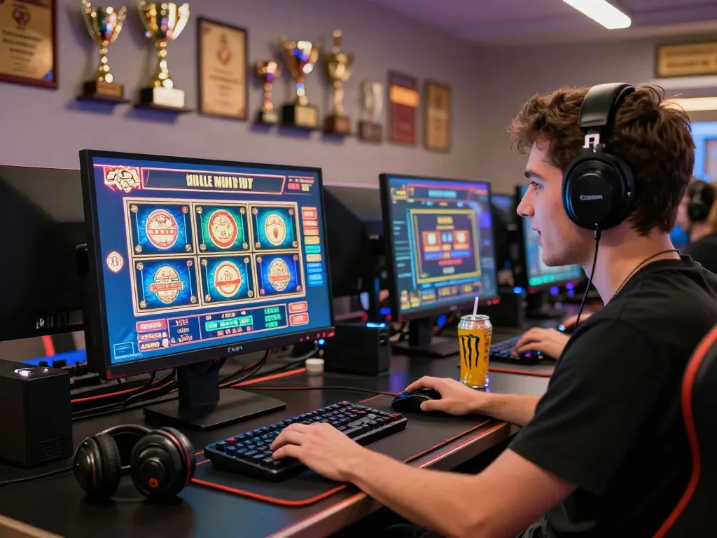 Enthusiastic player engaging with akunjp online gambling on a computer with vibrant display.