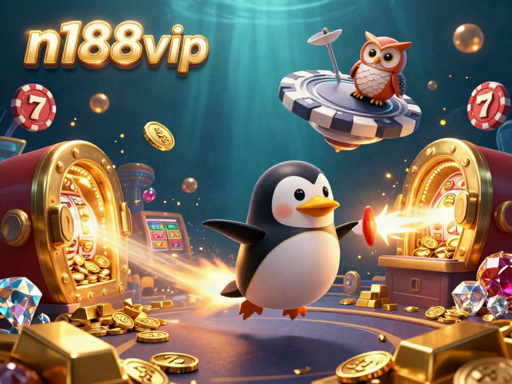 Engage with n188vip's exciting casino atmosphere featuring a penguin in a cosmic journey, vibrant slot elements, and dazzling treasures.