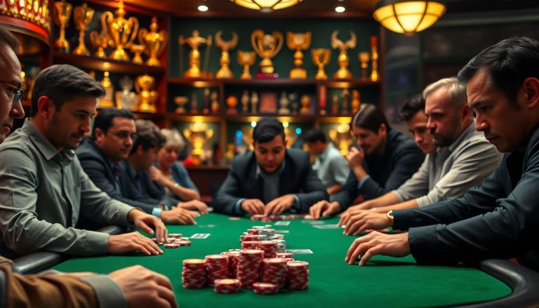Engaged players in a Poker Game at a vibrant casino table with colorful chips.