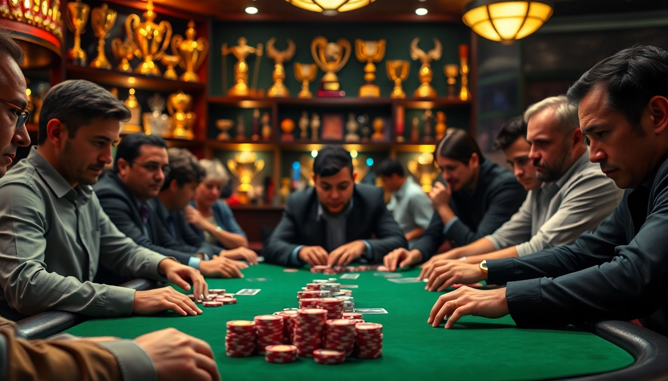 Engaged players in a Poker Game at a vibrant casino table with colorful chips.