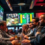 Engage in online Betting at a lively sports bar with enthusiastic bettors and dynamic screens.