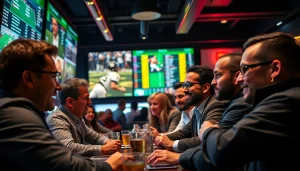 Engage in online Betting at a lively sports bar with enthusiastic bettors and dynamic screens.