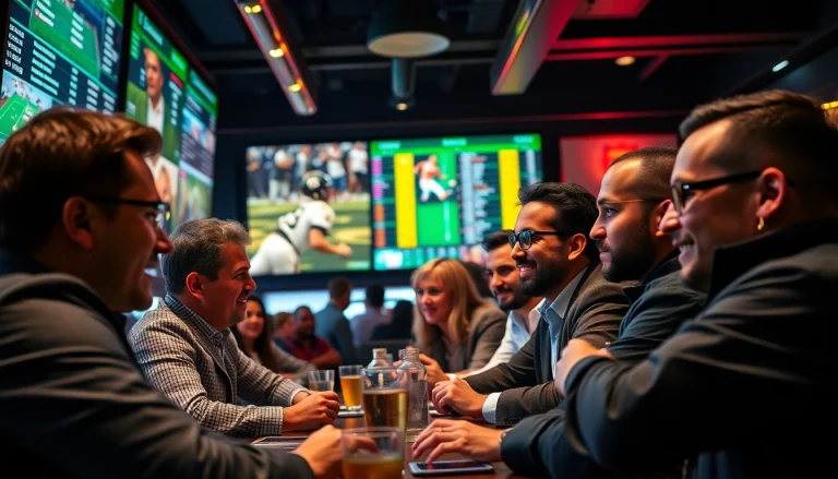 Engage in online Betting at a lively sports bar with enthusiastic bettors and dynamic screens.