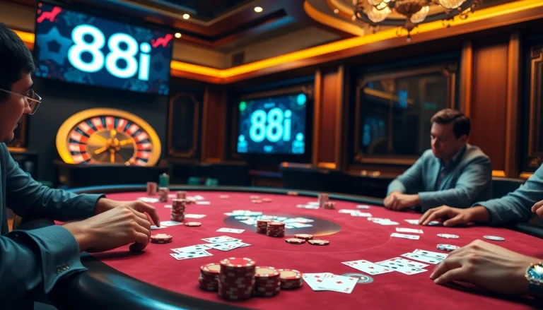 Experience a high-stakes poker game at 88i with luxurious chips and cards on the table.