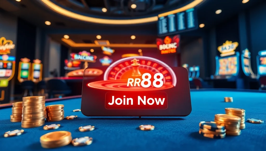 Engage in thrilling online gaming action at nhà cái RR88, showcasing vibrant slots and exciting poker games.
