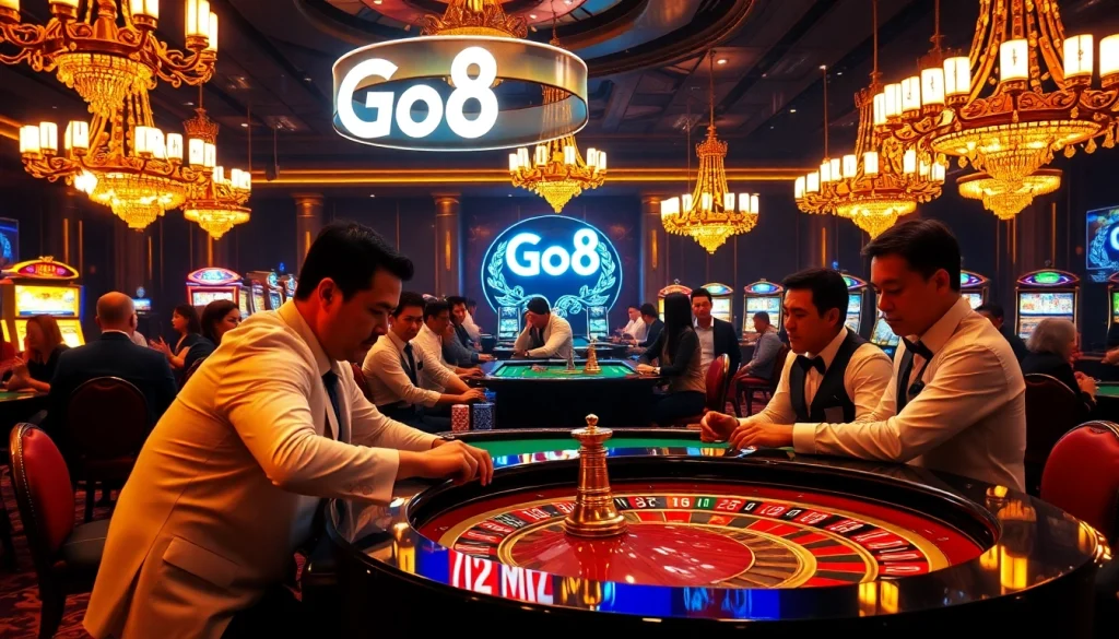 Engaging players strategizing their bets at luxurious Go8 casino tables under golden lighting.