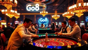 Engaging players strategizing their bets at luxurious Go8 casino tables under golden lighting.