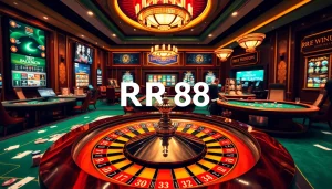 RR88 casino scene with vibrant tables, poker chips, and roulette wheel in a luxurious atmosphere.