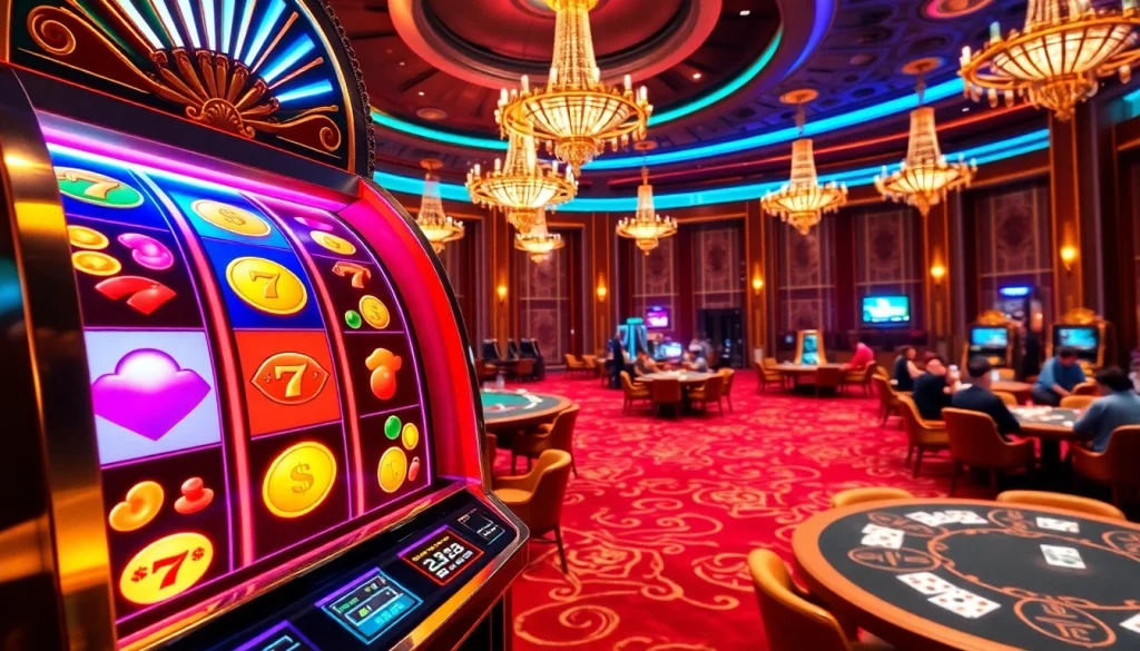 Vibrant PGSLOT scene with luxury slot machines and casino ambiance.