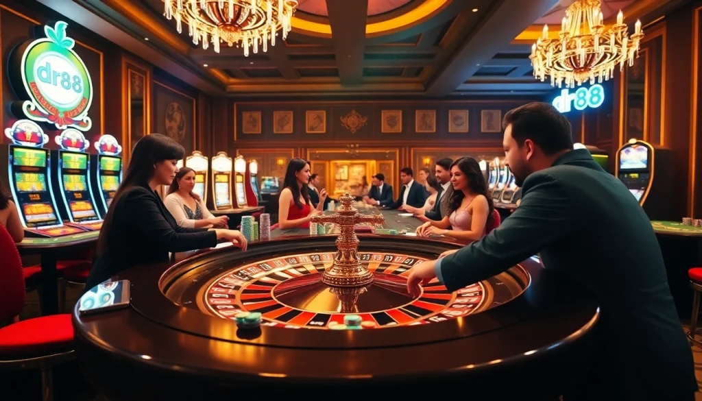Exciting gambling scene featuring nhà cái dr88 logo at a luxury roulette table with enthusiastic players and vibrant atmosphere.