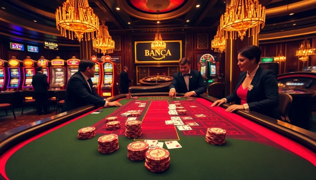 Exciting baccarat table showcasing banca games with elegant players and luxurious decor.