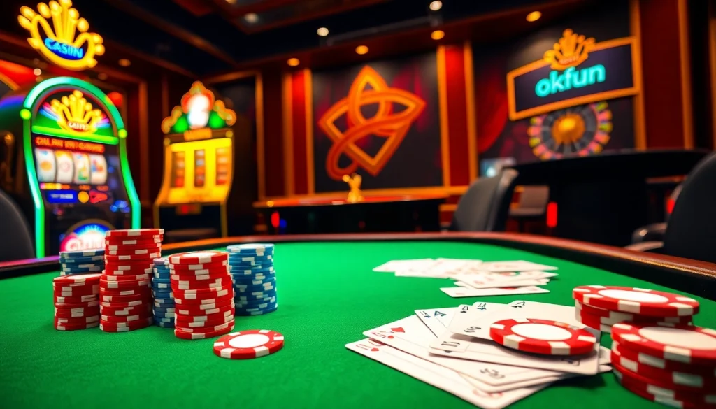 Experience thrilling poker action at OKFUN with a vibrant casino scene featuring colorful chips and excitement.