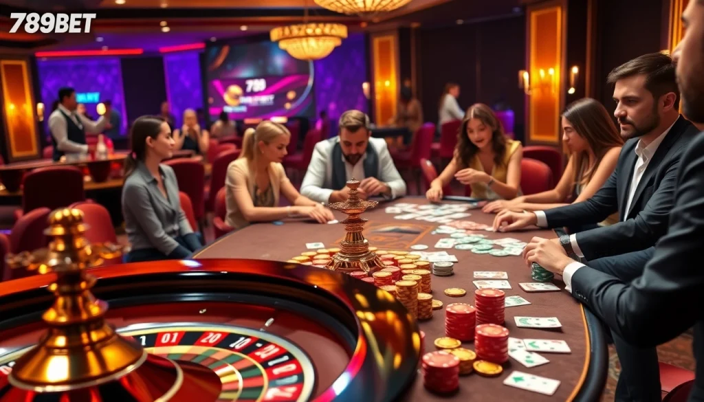 Gamblers enjoying a vibrant online casino experience at 789BET with roulette and poker.