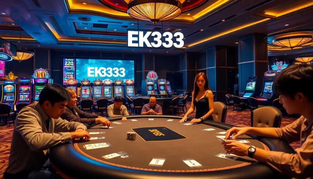 Players strategizing at an EK333 poker table in a vibrant casino scene.