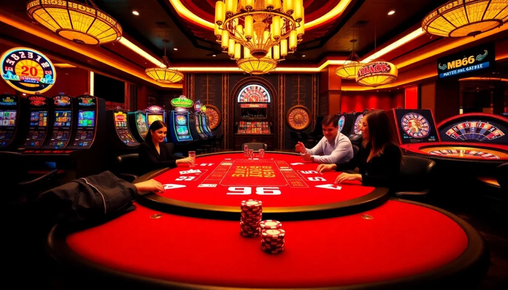 Players enjoying poker at an exciting MB66 online casino table with vibrant atmosphere.