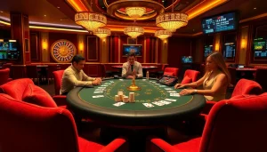 Play poker at the luxurious KK55 themed casino table, featuring plush seating and ambient lighting.