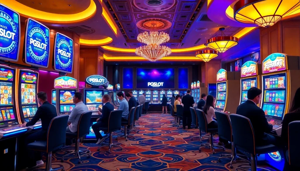 Excited players engaging with PGSLOT machines amid a luxurious casino atmosphere.