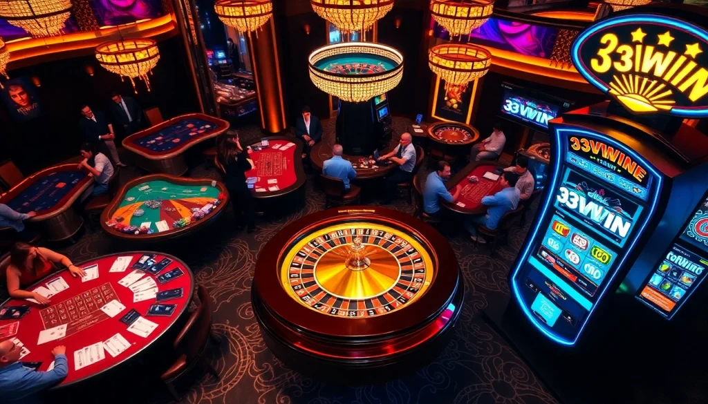 Experience thrilling gameplay at 33WIN's casino tables with vibrant atmosphere and elite slot machines.