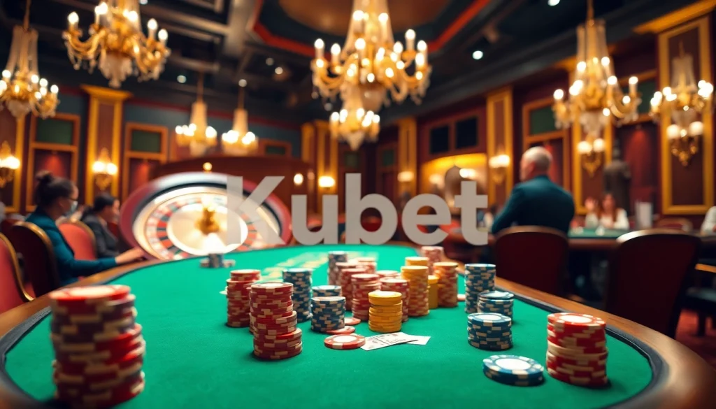 Kubet offers high-stakes poker excitement with vibrant chips and elegant casino ambiance.