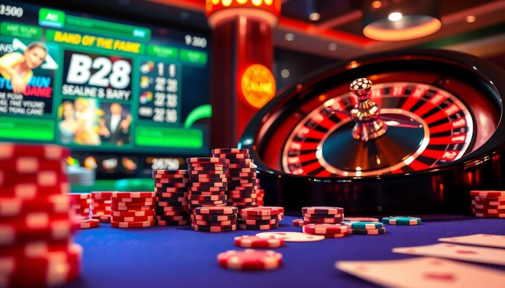 Experience the thrill of cổng game b52 at a luxurious casino table with vibrant poker chips and cards.