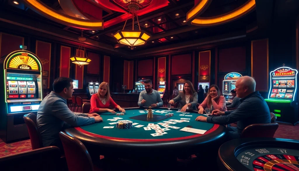 Players engaged at a poker table with FLY88 theme, vibrant casino atmosphere.