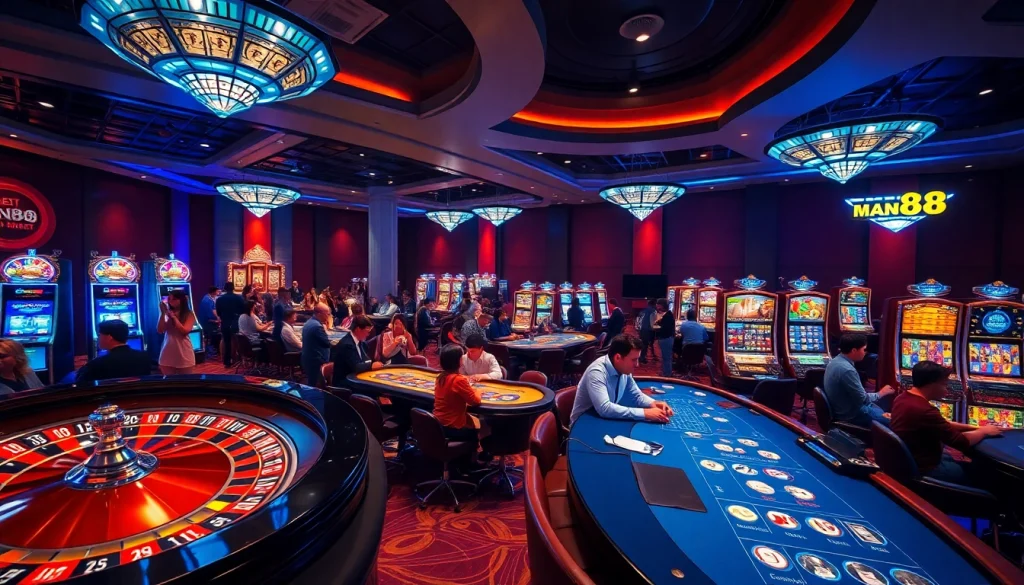 Engaging players at nhà cái Man88 enjoying a thrilling casino atmosphere with slot machines and poker tables.