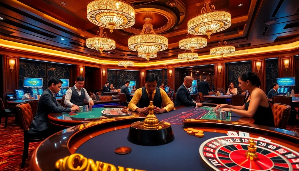 Players enjoying the excitement of a FLY88 casino table, surrounded by vibrant poker chips and luxury decor.