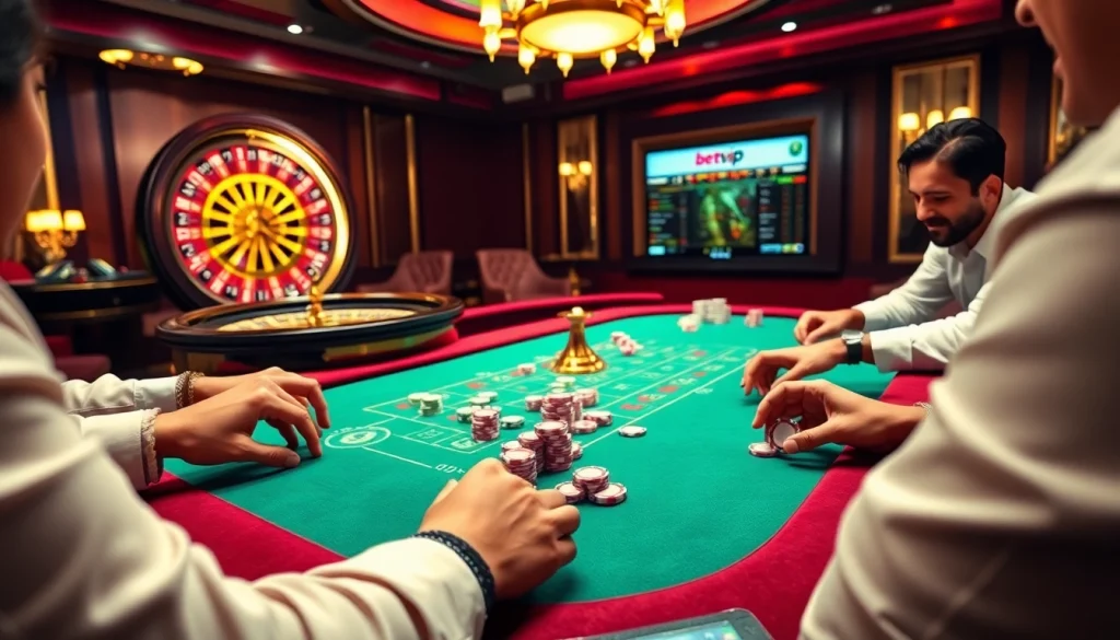 Trải nghiệm sự hứng khởi tại bàn poker betvip, nơi người chơi tận hưởng những chip đầy màu sắc và những lá bài.
