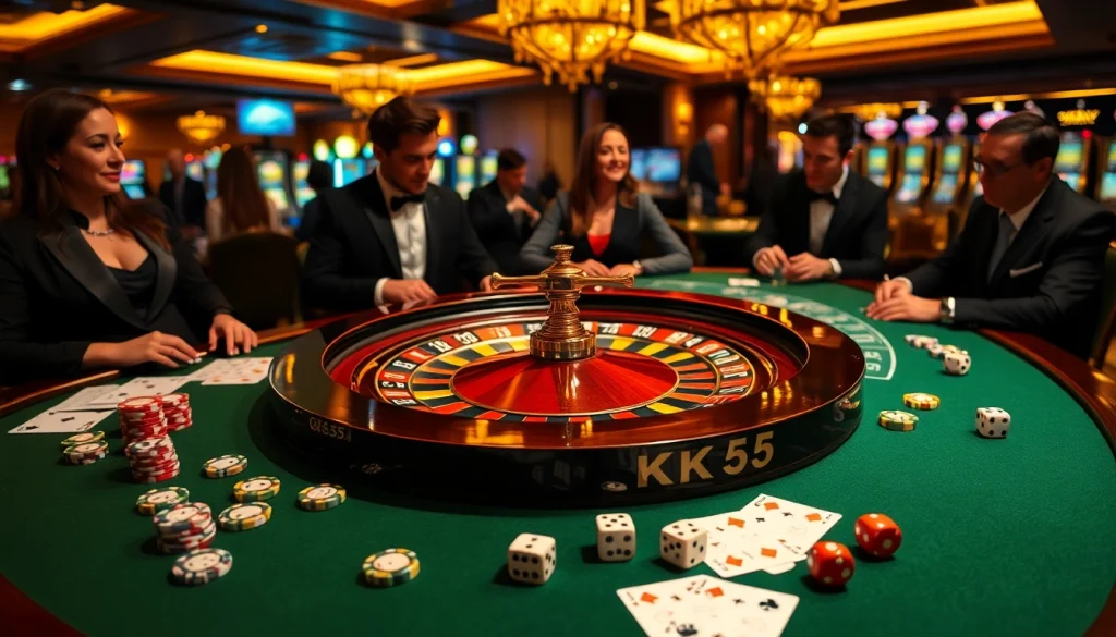 Exciting KK55 roulette wheel at a luxurious casino table surrounded by vibrant chips and cards.