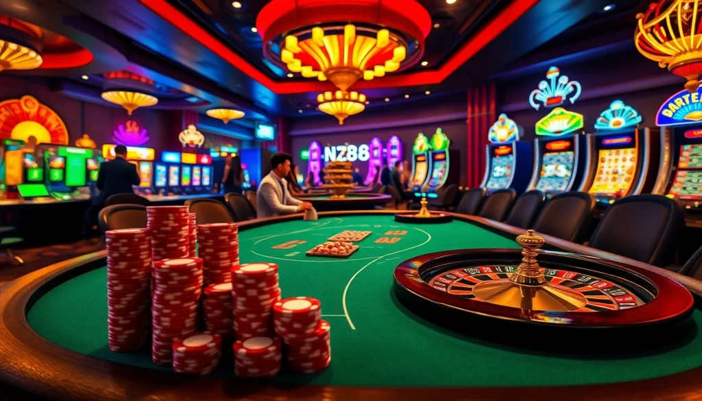 Experience the thrill of nk88 at a modern casino with vibrant slot machines and intense poker games.