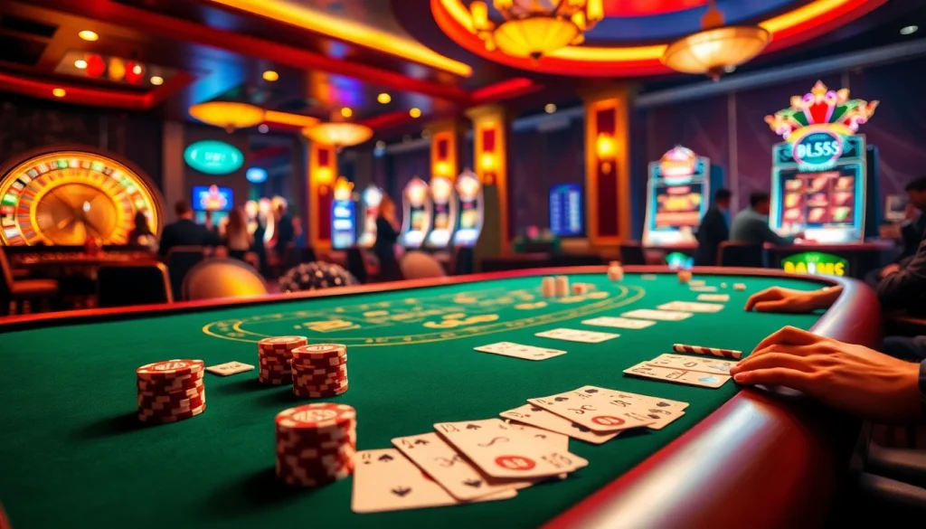 Experience the thrill of gaming at BL555 with a luxurious casino atmosphere featuring poker tables and roulette wheels.
