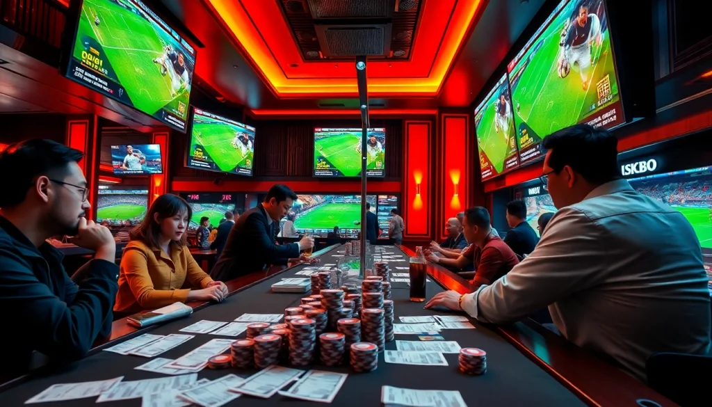 Kèo bóng đá strategies visualized in a luxurious sports betting scene with enthusiastic gamblers.