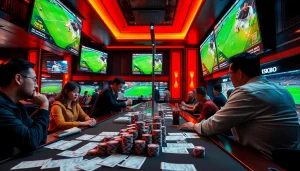 Kèo bóng đá strategies visualized in a luxurious sports betting scene with enthusiastic gamblers.