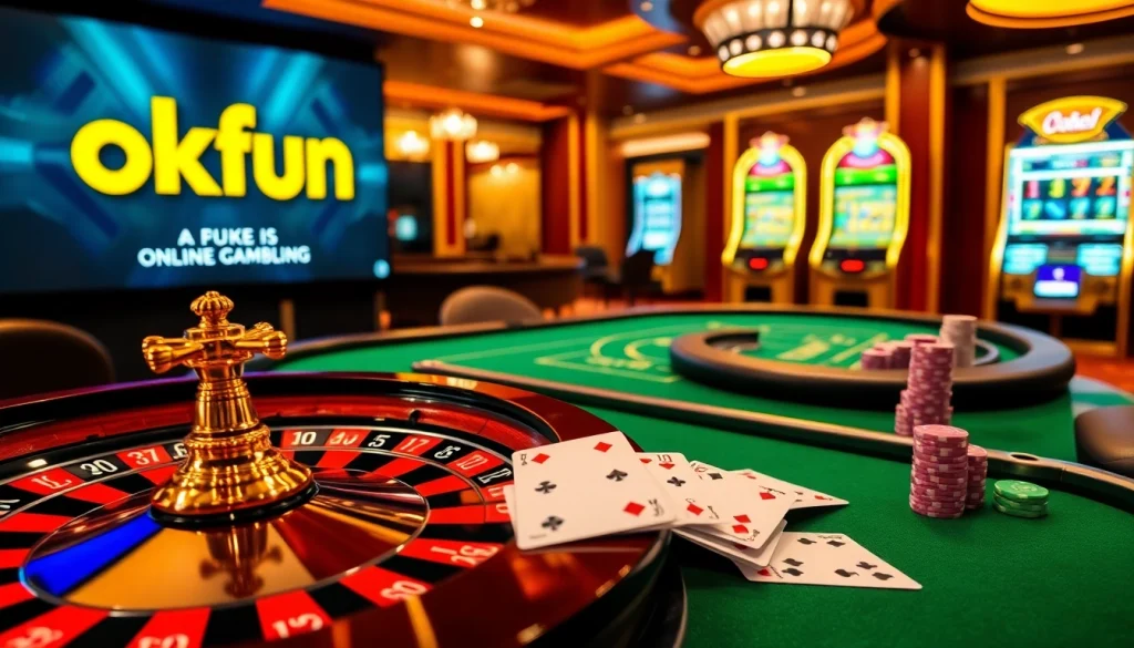Experience thrilling gambling action at OKFUN casino with a lively roulette wheel and poker tables.