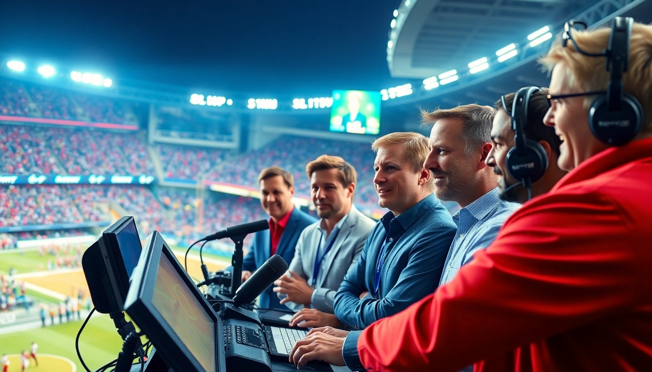 Sports Broadcasting team engaging passionately in a lively stadium atmosphere.
