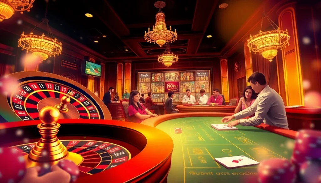Players strategizing at a casino table, showcasing nohu.com with vibrant colors and lively action.