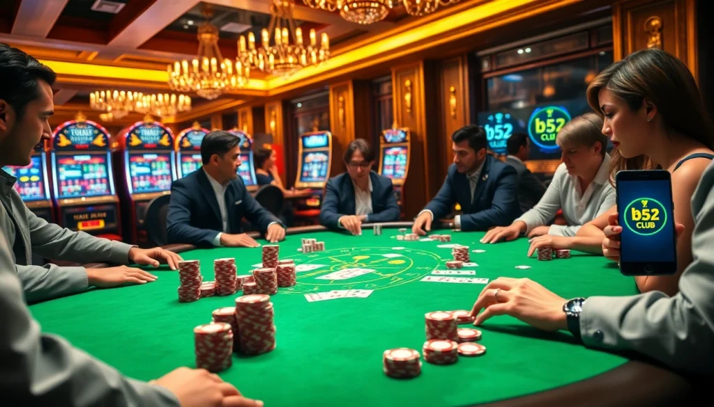 Engaged players at a poker table in the b52 club casino, showcasing excitement and strategy.