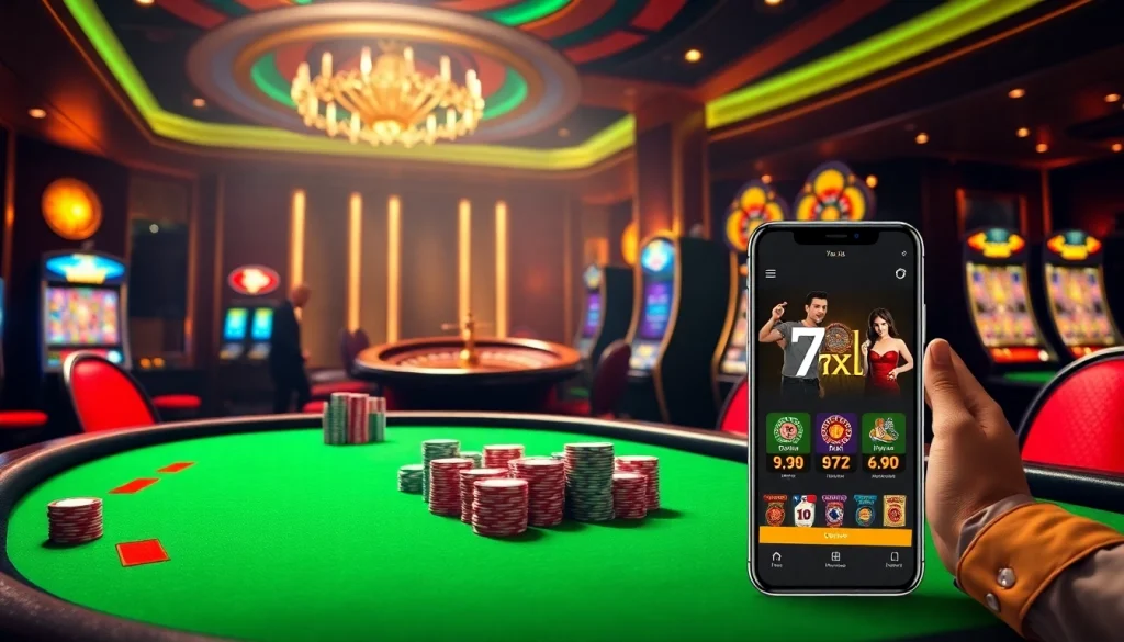 חוויה מרגשת של פוקר עם אפליקציית 7xl בסביבת קזינו תוססת.
