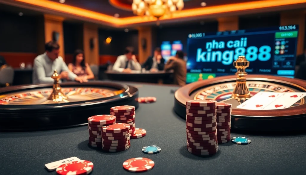 A thrilling casino scene showcasing an elegant gaming table highlighting nha cai king88 with vibrant poker chips and a roulette wheel.