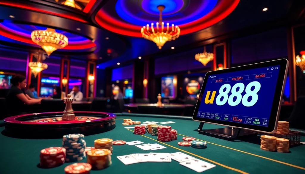 Engaged players strategizing at a luxury u 888 casino table with chips and cards.
