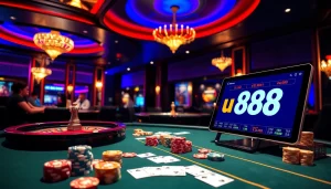 Engaged players strategizing at a luxury u 888 casino table with chips and cards.