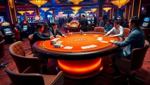 Experience the thrill of KK55 poker at a casino table with vibrant colors and professional players.